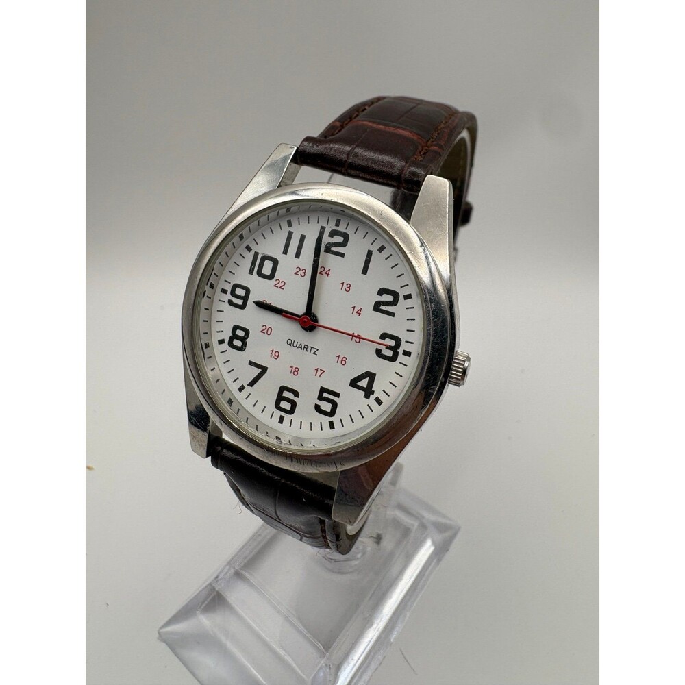 Men's Quartz Wristwatch White Dial Military Numbers Brown Leather Strap 91-775